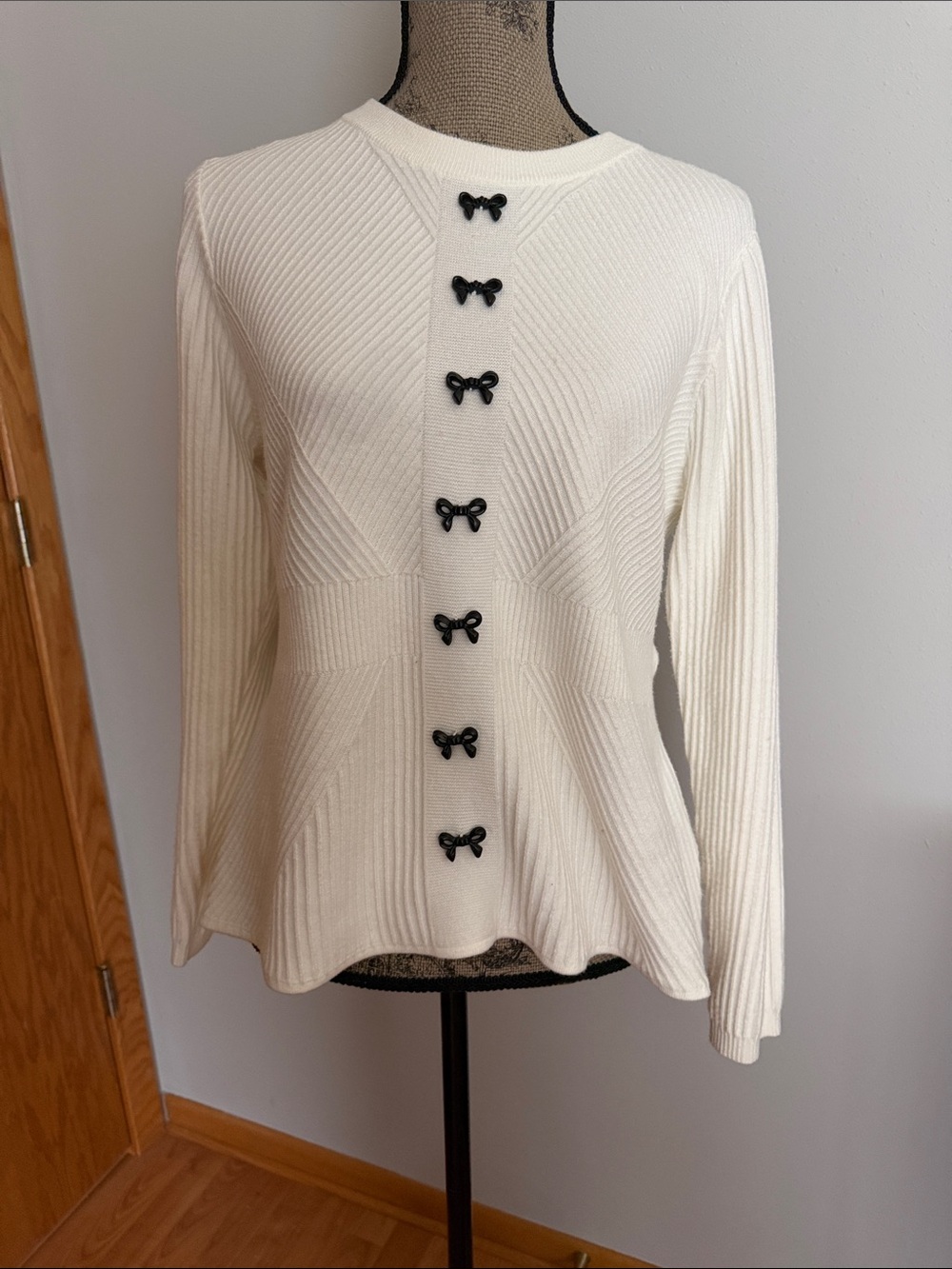 Ivory Knit Sweater with Black Bow Buttons
